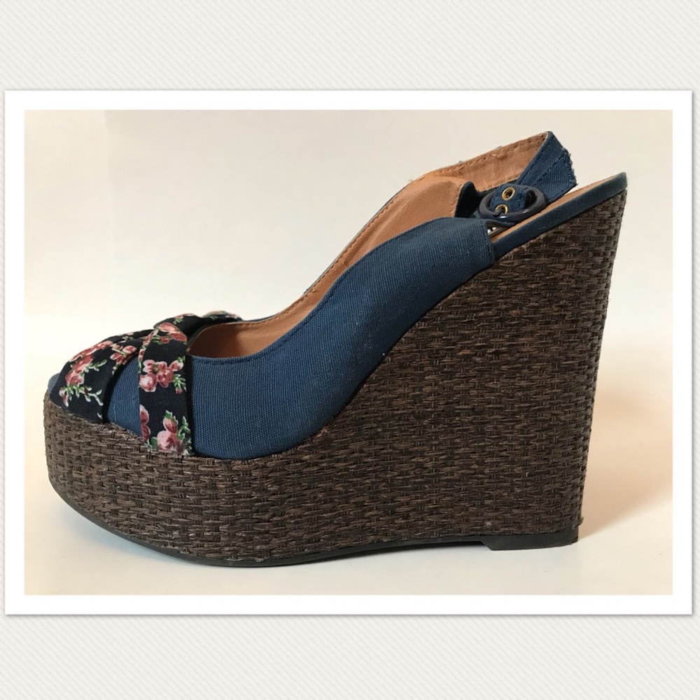 Qupid Blue Canvas Bow Slingback Wedge - Picture 4 of 8